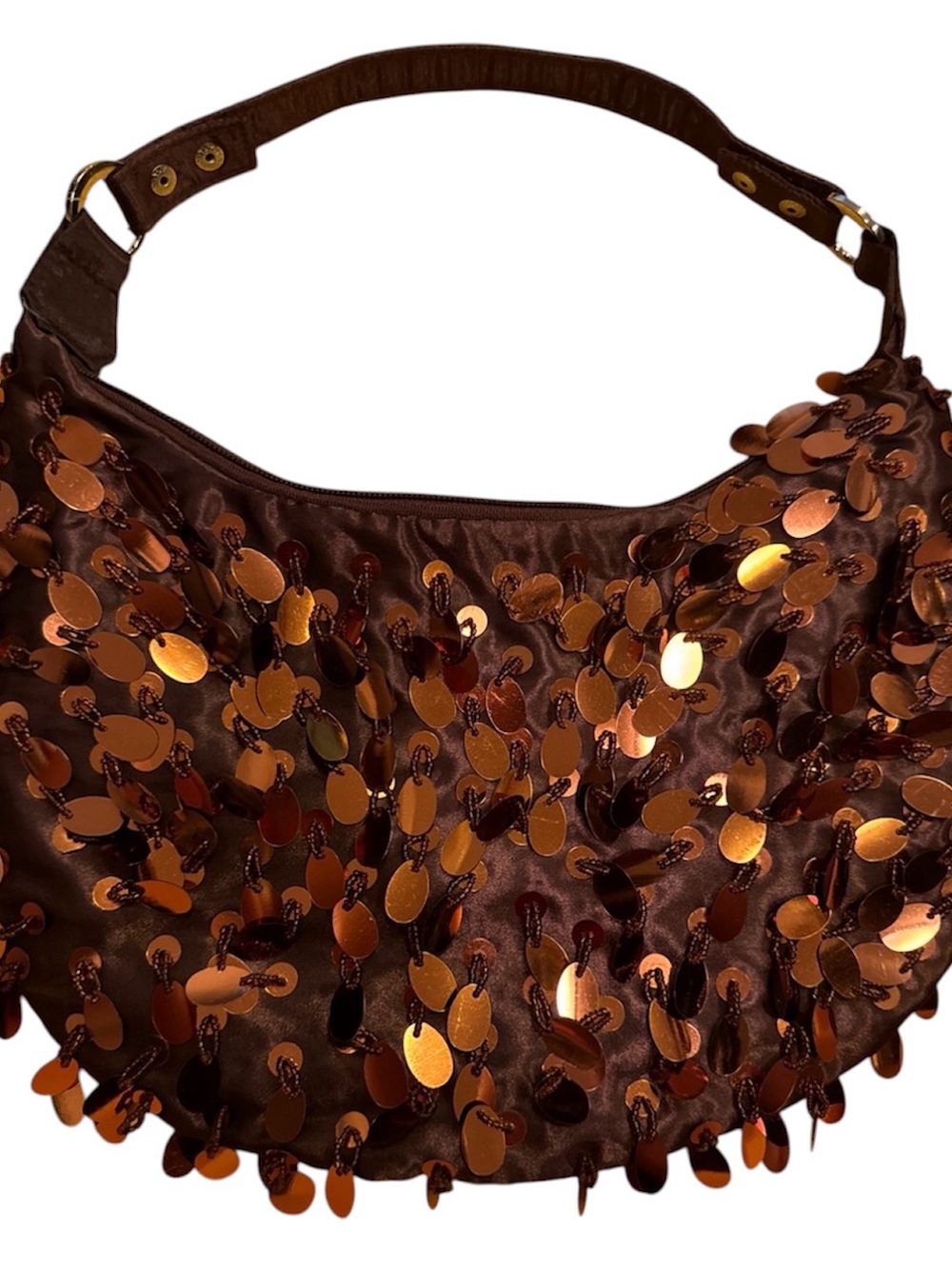 Brown Beaded Shoulder Bag with Braided Strap